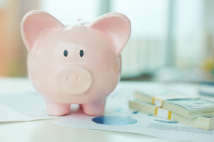 Image of pink piggy bank and dollar bills near by
